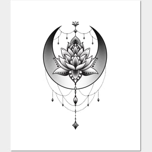 Celestial Crescent Moon and Mandala Lotus Flower Posters and Art